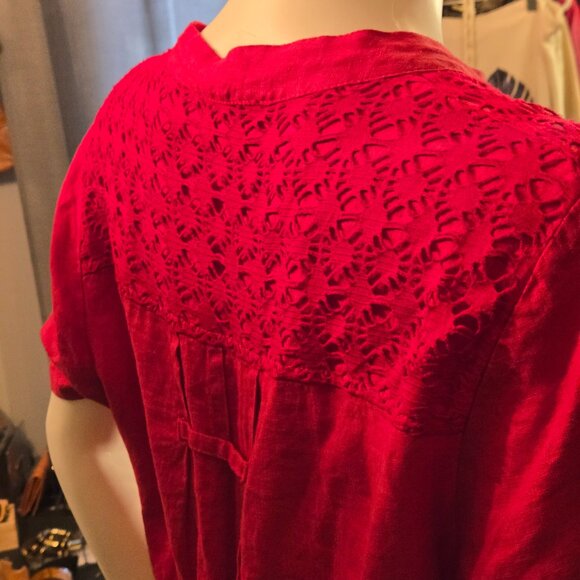 Red Linen embroidery Dress with Pockets size 14 XL - Picture 3 of 10